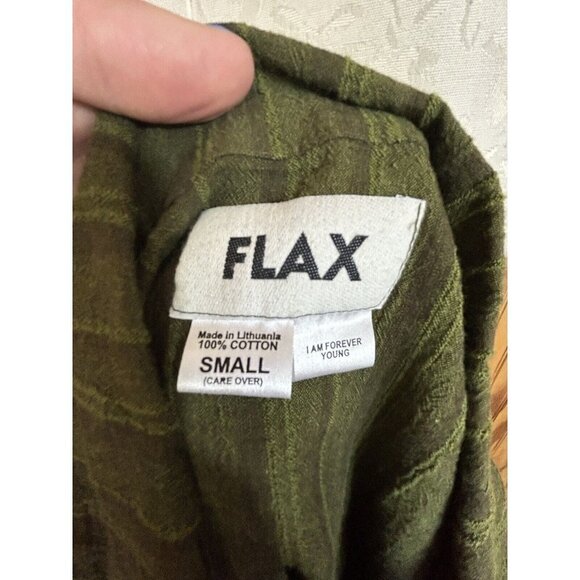 FLAX  Designs Womens NWT Button Down Long Sleeve 100% Linen Small Green Striped - Picture 7 of 8